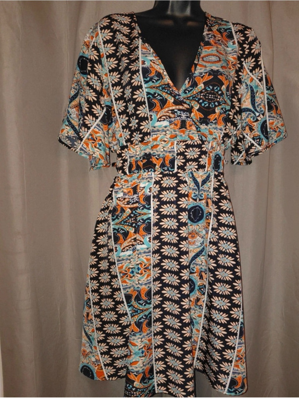 SHEIN Black Patchwork Midi Dress with Orange & Teal Accents